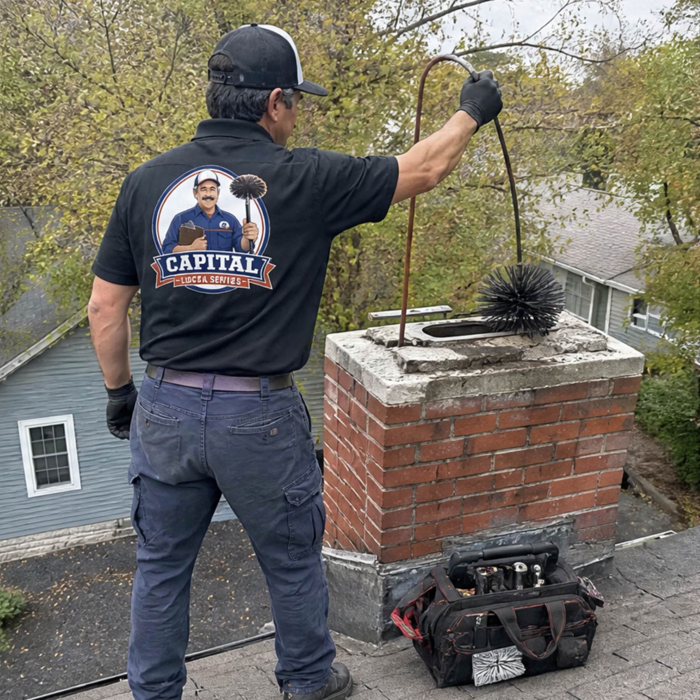 Chimney sweep in progress