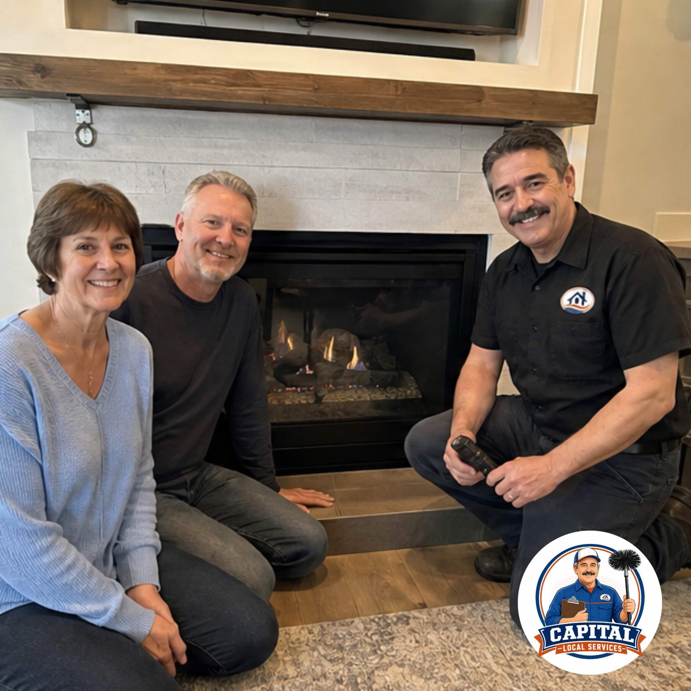 Friendly local technician with happy customers next to a fireplace in Bothell East, WA