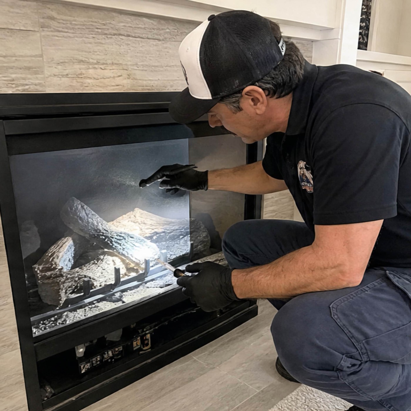 Technician servicing a gas fireplace